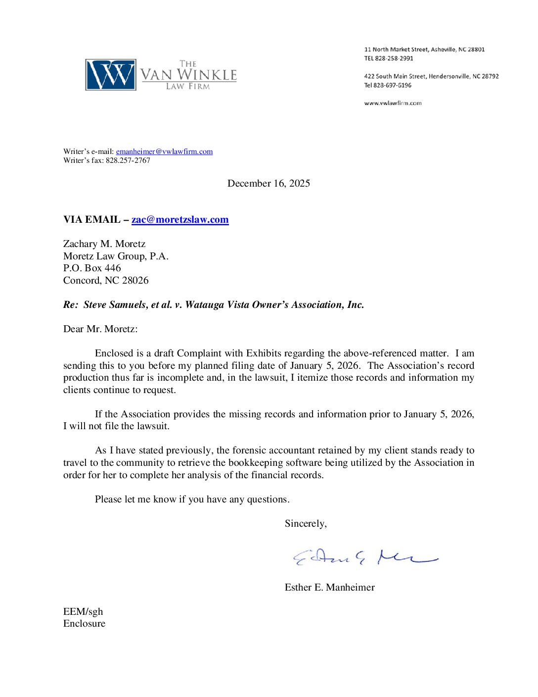 Legal-Zachary Moretz Enclosing Complaint and Exhibits