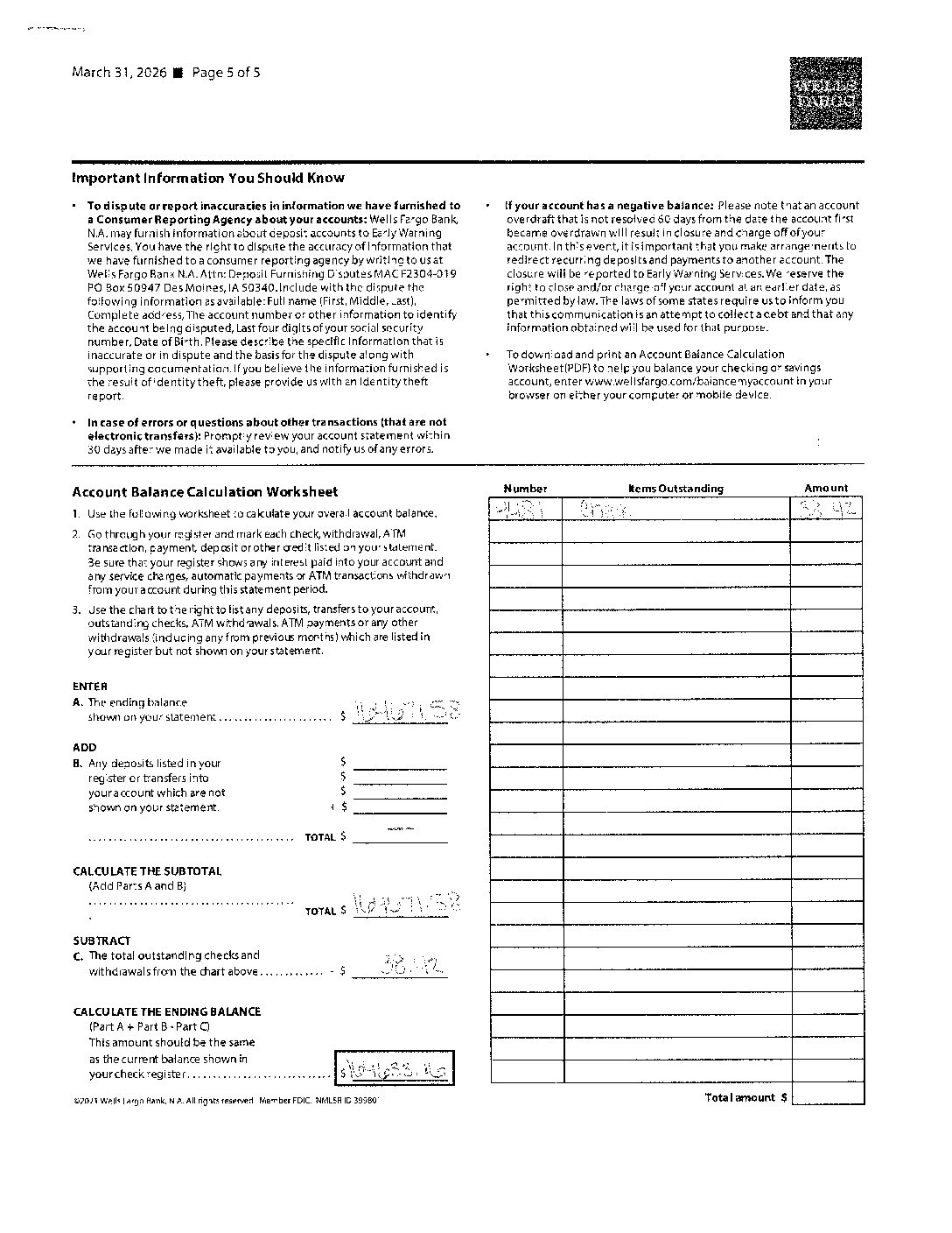 March Bank Reconciliation